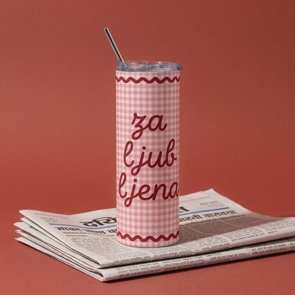 Roze-beli karo tumbler sa slamčicom i natpisom Zaljubljena